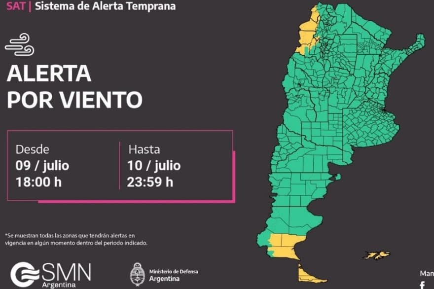 Se extiende hasta el miércoles el alerta amarillo por vientos intensos para Tierra del Fuego