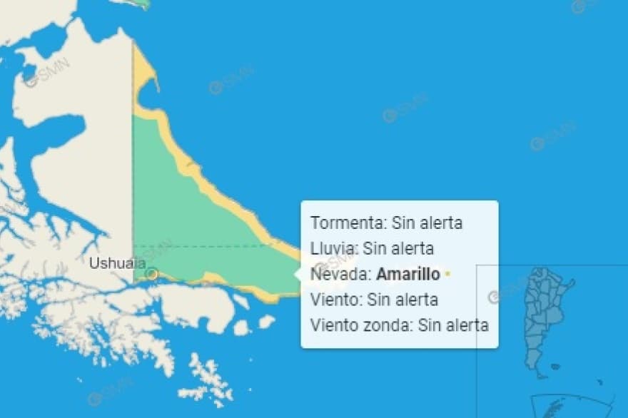 Alerta amarilla por nevadas para toda la costa de Tierra del Fuego
