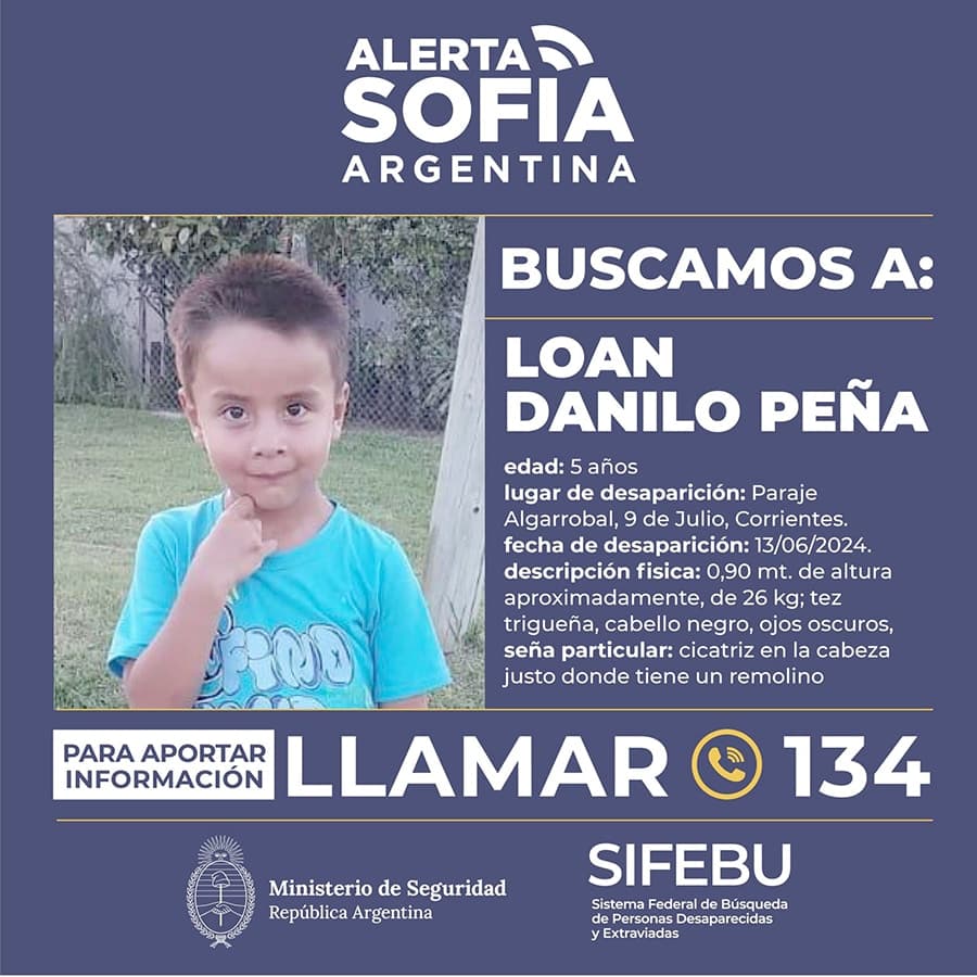 Activan el Alerta Sofía para la búsqueda del niño Loan Danilo Peña
